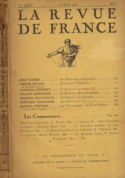 La revue de France, année 3, n. 8, 15 avril 1923 - copertina