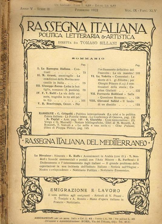 Rassegna italiana politica letteraria & artistica, anno V, serie II, vol. IX, fasc. XLV, febbraio 1922. Rassegna italiana del mediterraneo. Emigrazione e lavoro - copertina