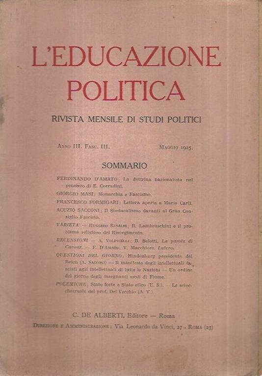 L' educazione Politica Anno III Fasc. III Maggio 1925 - copertina