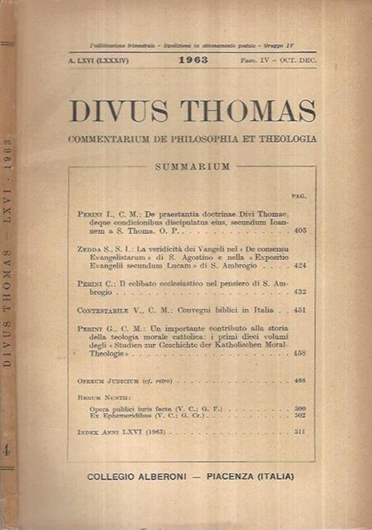 Divus Thomas Anno 1963 Fasc. IV - copertina