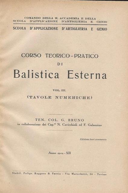 Corso teorico-pratico di balistica esterna, volume III - G. Bruno - copertina