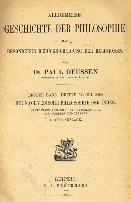 Allgemeine geschichte der philosophie mit besonderer berucksichtigung der religionen - Paul Deussen - copertina