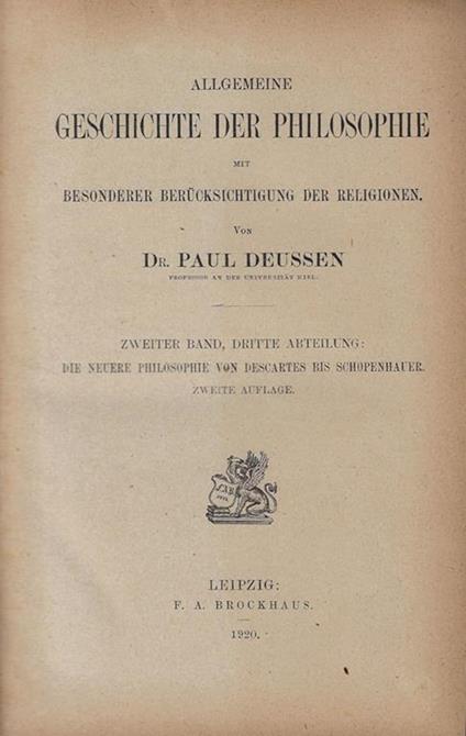 Allgemeine geschichte der philosophie mit besonderer berucksichtigung der religionen - Paul Deussen - copertina