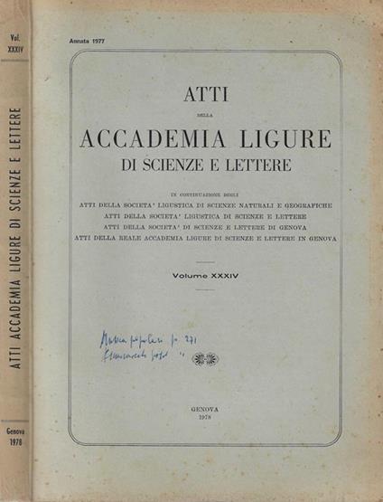 Atti della accademia ligure di scienze e lettere Volume XXXIV Annata 1977 - Alfredo Orbetello - copertina