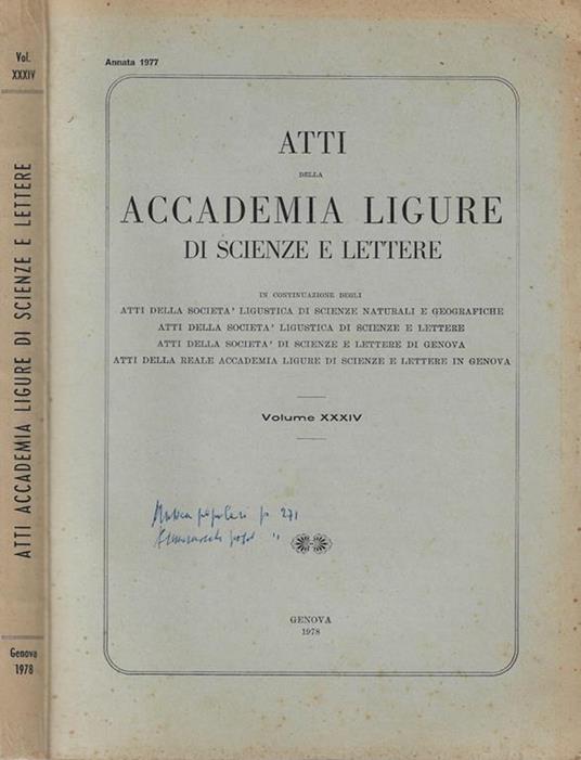 Atti della accademia ligure di scienze e lettere Volume XXXIV Annata 1977 - Alfredo Orbetello - copertina