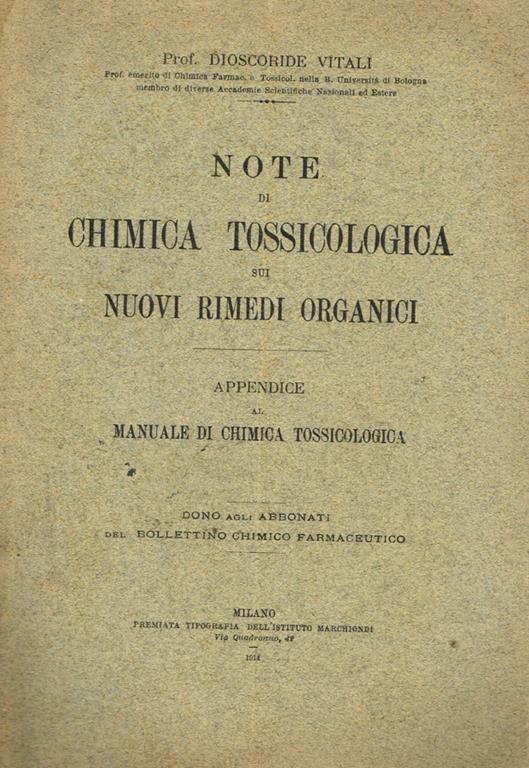 Note di chimica tossicologica sui nuovi rimedi organici - Dioscoride Vitali - copertina