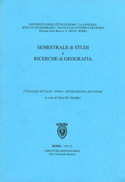 Semestrale di studi e Ricerche di geografia. I paesaggi del Lazio. Letture, interpretazioni, percezioni - copertina