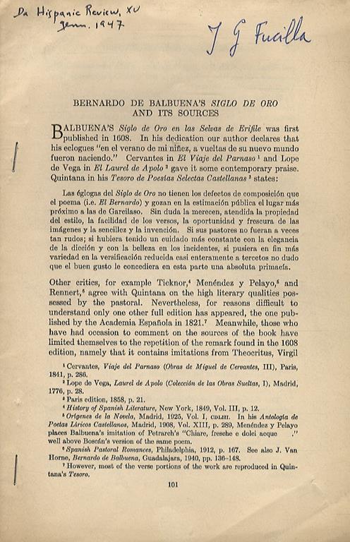 Lotto di 5 estratti che trattano argomenti di letteratura comparata e in specie dei rapporti fra letteratura spagnola e italiana Bernardo de Balbuena - Gil Polo y Sannazaro - The Petrarchism of Antonio Ferreira - The role of the Cortegiano in the second p - Joseph G. Fucilla - copertina