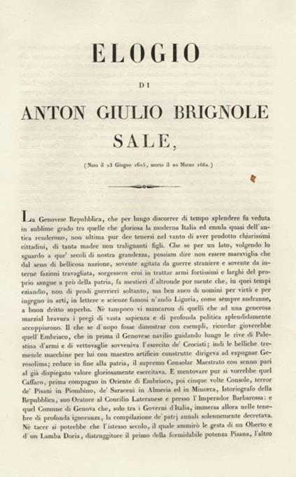 Elogio Di Anton Giulio Brignole Sale. Nato Il 23 Giugno 1605, Morto Il 20 Marzo 1662 - copertina