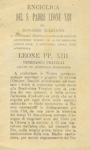 Lettera enciclica ai patriarchi, primati, arcivescovi vescovi ed altro ordinari aventi pace e comunione colla Sede Apostolica. Sul Rosario Mariano - Leone XIII - copertina