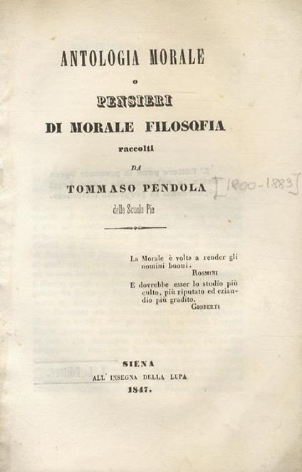 Antologia morale o pensieri di morale filosofia - Tommaso Pendola - copertina