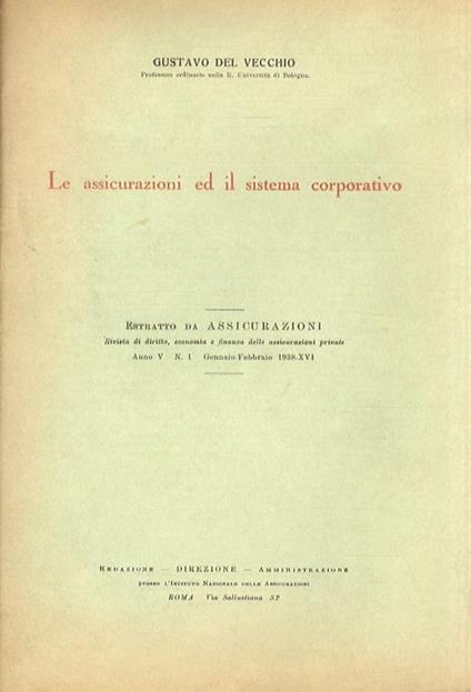 Le assicurazioni ed il sistema corporativo - Gustavo Del Vecchio - copertina