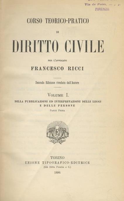 Corso teorico-pratico di diritto civile. Seconda edizione riveduta dallAutore - Federico Ricci - copertina