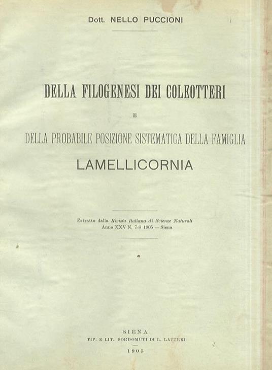 Della filogenesi dei coleotteri e della probabile posizione sistematica della famiglia Lamellicornia - Nello Puccioni - copertina