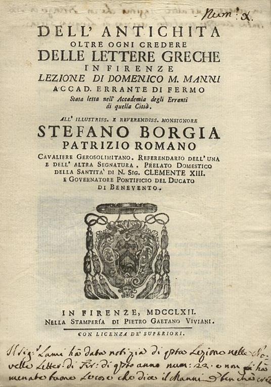 Dell'antichità oltre ogni credere delle lettere greche in Firenze lezione di Domenico M. Manni accad. Errante di Fermo - Domenico Maria Manni - copertina