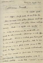 Lettera manoscritta autografa, firmata, su una facciata e mezzo, datata Roma 10 agosto 1946 e indirizzata a Michelangelo Masciotta: Gentilissimo Masciotta, le mando questo mio saggio che fa parte di un libro che stavo scrivendo sulla pittura italiana cont