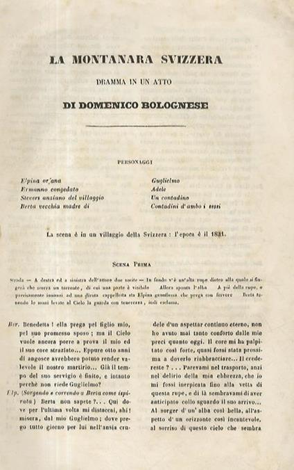 La Montanara svizzera. Dramma in un atto - Domenico Bolognese - copertina