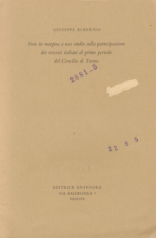 Note in margine a uno studio sulla partecipazione dei vescovi italiani al primo periodo del Concilio di Trento - Giuseppe Alberigo - copertina