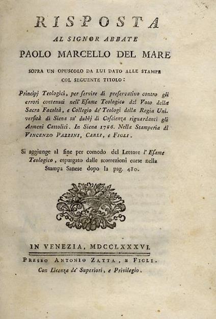 Risposta al signor abbate Paolo Marcello Del Mare, sopra un opuscolo da lui dato  alle stampe