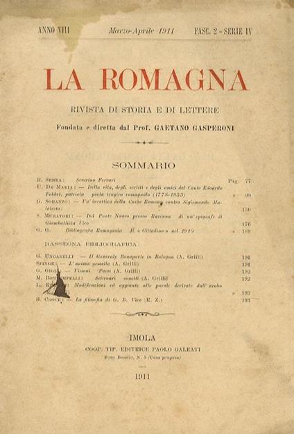 La Romagna. Rivista Di Storia E Lettere. Direttore Prof. Gaetano Gasperoni. Anno Viii. Marzo-Aprile 1911. Serie Iv. Fasc. 2-3 - copertina