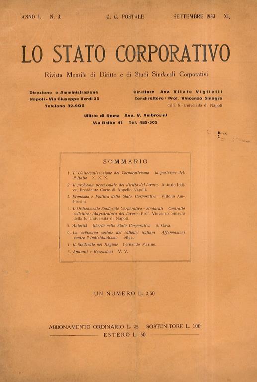 Lo Stato Corporativo. Rivista Mensile Di Diritto E Di Studi Sindacali Corporativi. Anno I. N. 3. Settembre 1933 - copertina