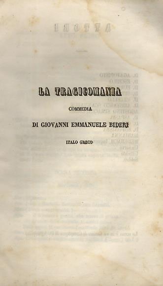 La Tragicomania. Commedia - Giovanni Emanuele Bidera - copertina