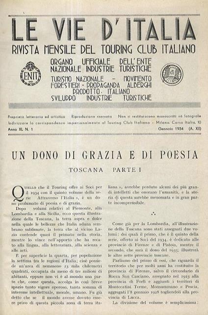 Le Vie d'Italia. Rivista mensile del Touring Club Italiano. Organo ufficiale dell'Ente Nazionale Industrie Turistiche. Anno XL 1934: NN. 1-12. Annata completa - copertina