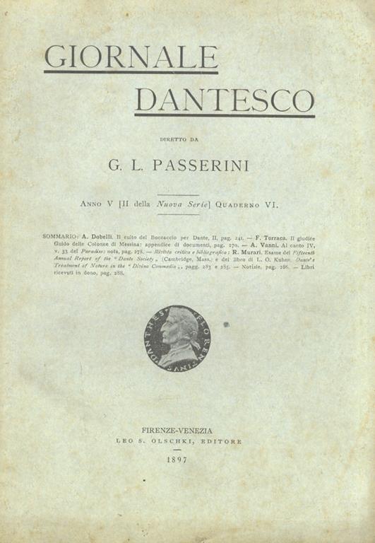 GIORNALE dantesco. Diretto da G.L. Passerini. Anno V (II della Nuova serie). 1897. [Fascicoli I-II, da V a XII: mancano i fascicoli III-IV] - copertina