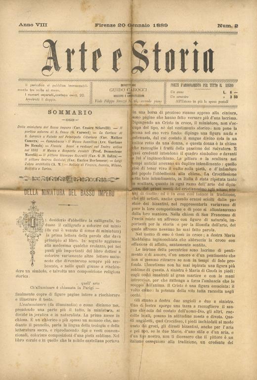 ARTE e Storia. Direttore Guido Carocci. Anno VIII: 1889: dal num. 1 del 10 gennaio 1889 al n. 33-34 del 31 dicembre 1889. Annata completa (alleghiamo anche il frontespizio e l'indice generale dell'annata) - copertina