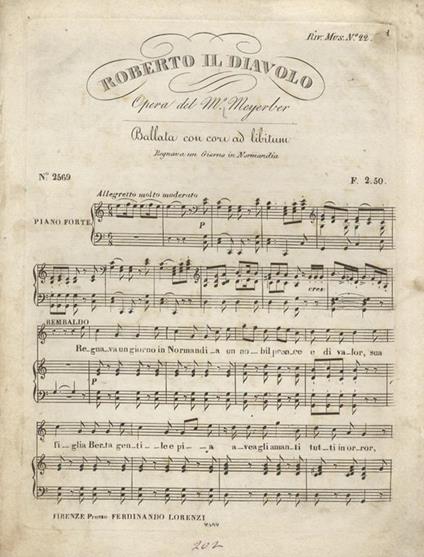 Roberto il diavolo. Opera del M.o Meyerber [sic]. Ballata con cori ad libitum - Giacomo Meyerbeer - copertina