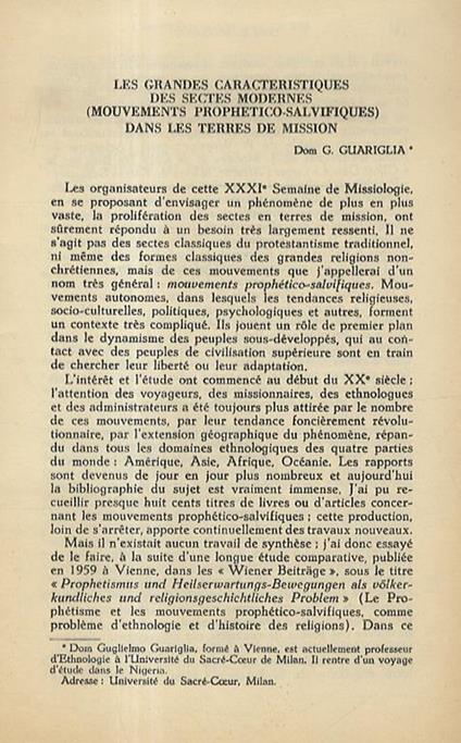 Les grandes caracteristiques des sectes modernes (mouvements prophetico-salvifiques) dans les terres de mission - G. Guariglia - copertina