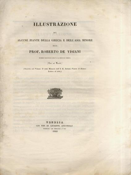 Illustrazione di alcune piante della Grecia e dell'Asia Minore del prof. Roberto De Visiani, membro effettivo dell'I.R. Istituto Veneto (con sei tavole) - Roberto De Visiani - copertina