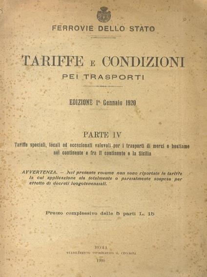 Tariffe e condizioni dei trasporti. Edizione I° Gennaio 1920 - copertina