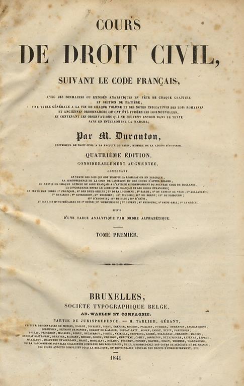 Cours de droit civil, suivant le Code français. Quatrième édition - Alexandre Duranton - copertina