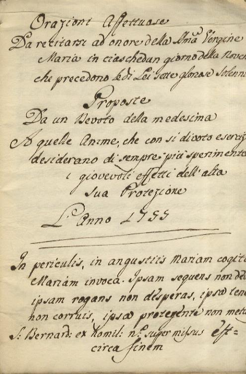 Orazioni Affettuose da recitarsi ad onore della Ill.ma Vergine Maria in ciaschedun giorno della Novena che precedono sic le di Lei sette gloriose Solennità. Proposte da un Devoto della medesima a quelle Anime, che con si divoto esercizio desiderano d - copertina