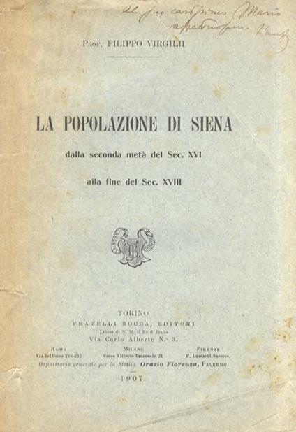 La popolazione di Siena dalla seconda metà del Sec. XVI alla fine del Sec. XVIII - Filippo Virgilii - copertina