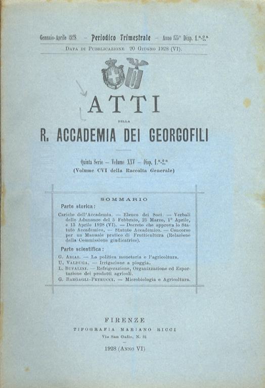 ATTI della R. Accademia dei Georgofili. Quinta serie. Volume XXV. Disp. 1 e 2. (Volume CVI della Raccolta Generale) - copertina