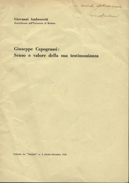 Giuseppe Capograssi: Senso e valore della sua testimonianza - Giovanni Ambrosetti - copertina