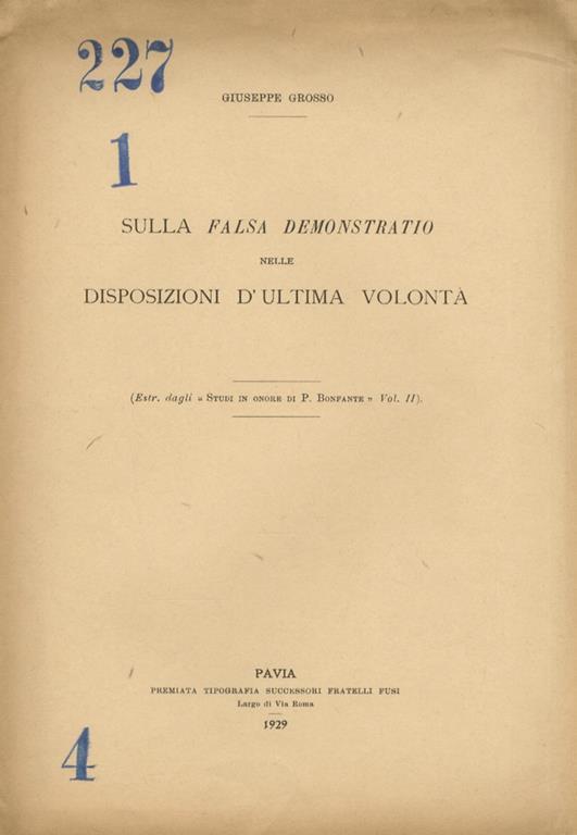 Sulla falsa demonstratio nelle disposizioni d’ultima volontà - Giuseppe Grosso - copertina