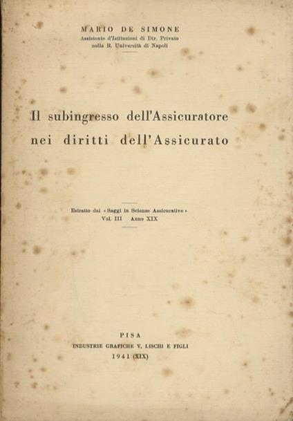 Il subingresso dell’Assicuratore nei diritti dell’Assicurato - Mario De Simone - copertina