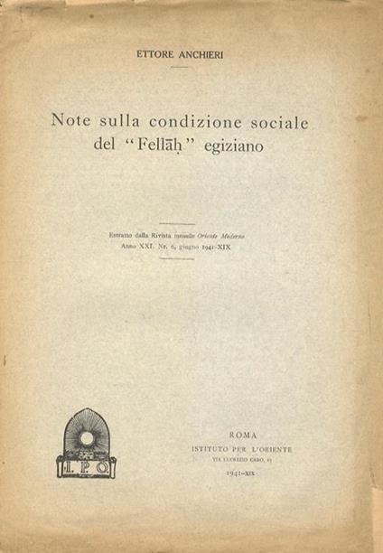 Note sulla condizione del “Fellâh” egiziano - Ettore Anchieri - copertina