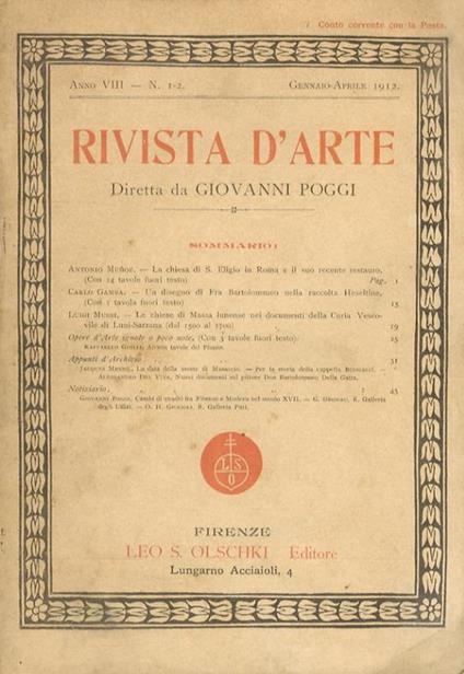 RIVISTA d'arte. Diretta da Giovanni Poggi. Anno VIII. N. 1-2. Gennaio-aprile 1912 - copertina