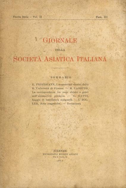 GIORNALE della Società Asiatica Italiana. Nuova serie. Vol. II. Fasc. III - copertina