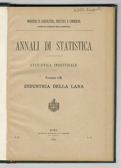 Annali di statistica. Statistica industriale. Fascicolo LIX: industria della lana - copertina
