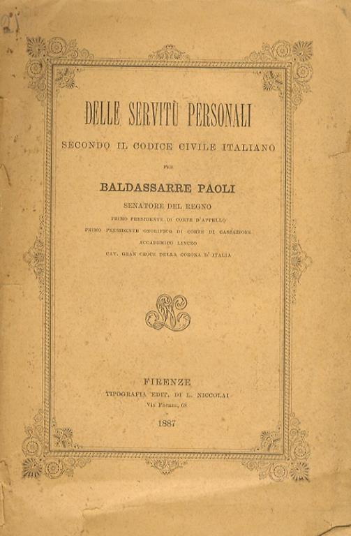 Delle servitù personali secondo il codice civile italiano - Baldassare Paoli - copertina