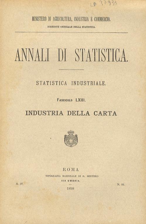 Annali di statistica. Statistica industriale. Fascicolo LXIII: industria della carta - copertina