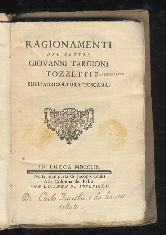 Ragionamenti del dottor Giovanni Targioni Tozzetti sull'agricoltura toscana - Giovanni Targioni Tozzetti - copertina