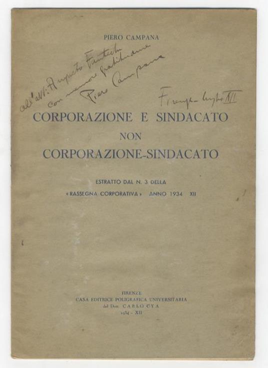 Corporazione e sindacato non corporazione-sindacato - Piero Campana - copertina