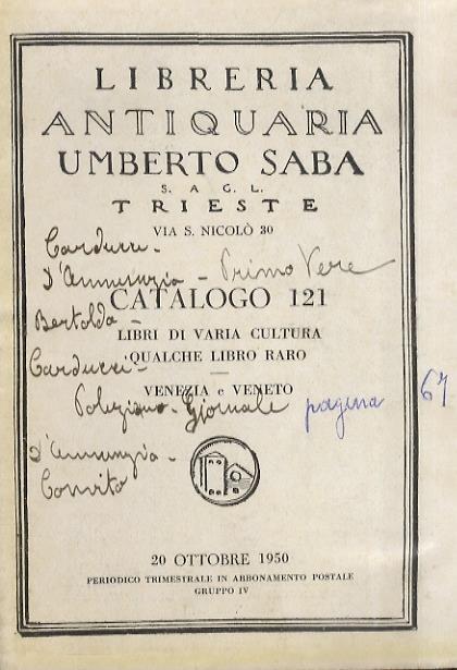 Catalogo 121. 20 ottobre 1950. Libri di varia cultura. Qualche libro raro. Venezia e Veneto - copertina