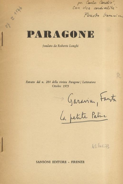 La petite patrie. Provincia e letteratura in Francia. Estratto dal n. 284 della rivista Paragone/letteratura ottobre 1973 - Fausta Garavini - copertina